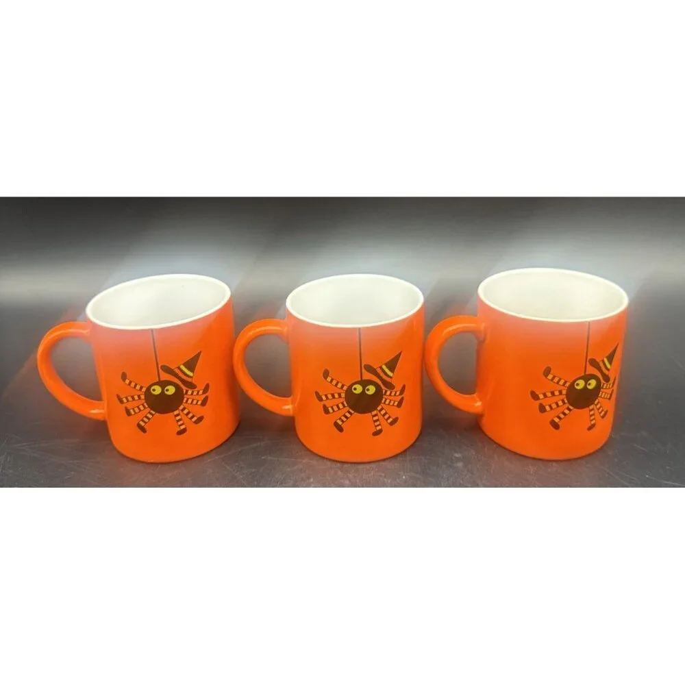 Crate & Barrel Orange Black Spider Ceramic Halloween Mugs 6oz Set‎ Of 6